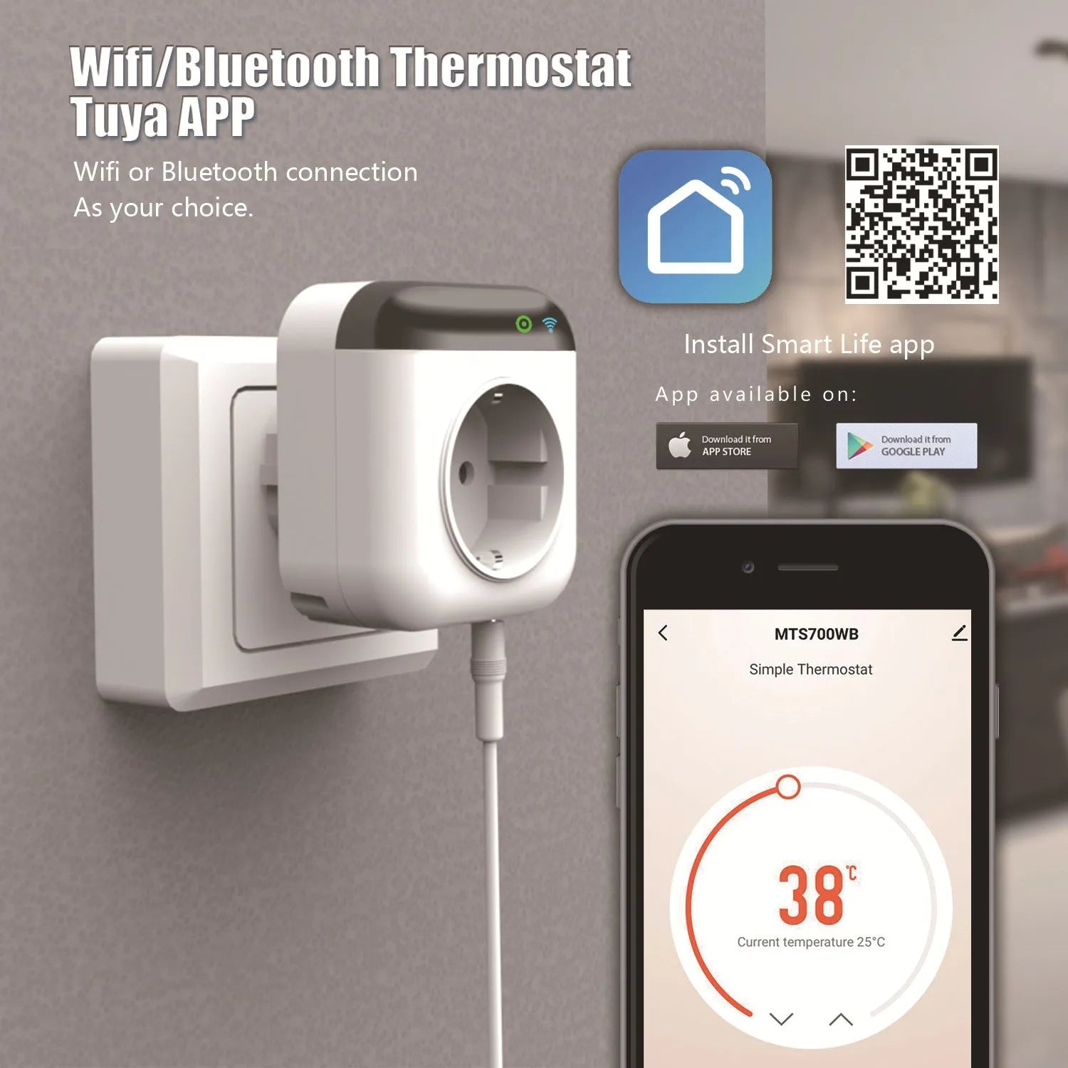 White Tuya smart temperature control socket with US 3-hole outlet and temperature sensor probe