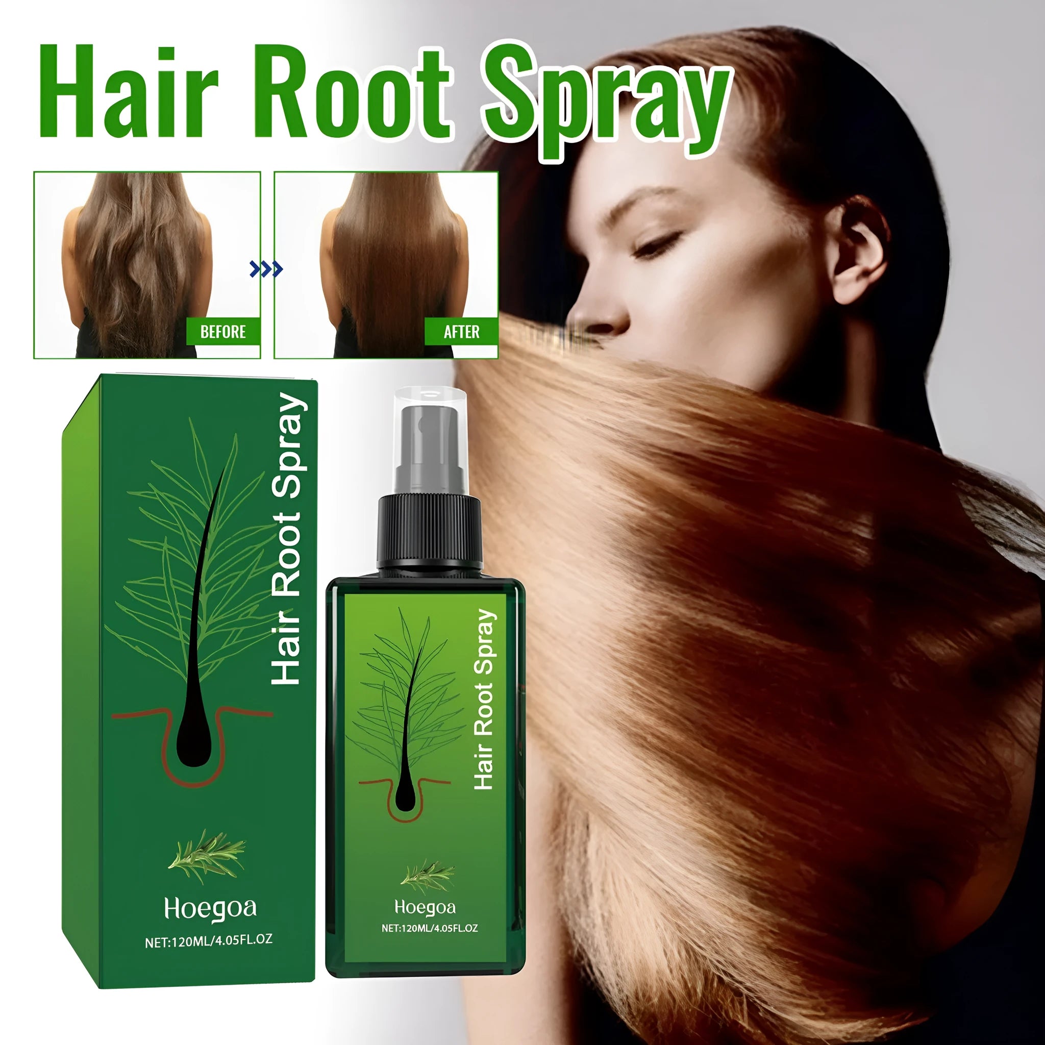120ml bottle of rosemary dense hair essential oil spray with a dropper applicator on a white background.