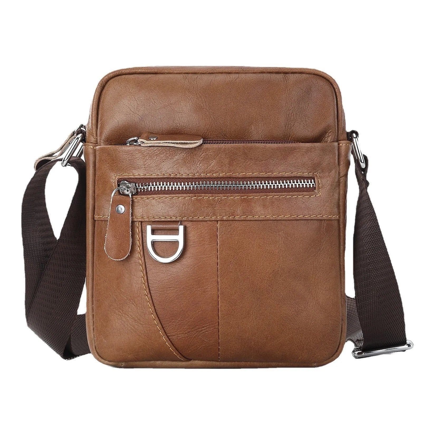 Genuine cowhide leather messenger bag for boys in black or brown with visible sewing lines