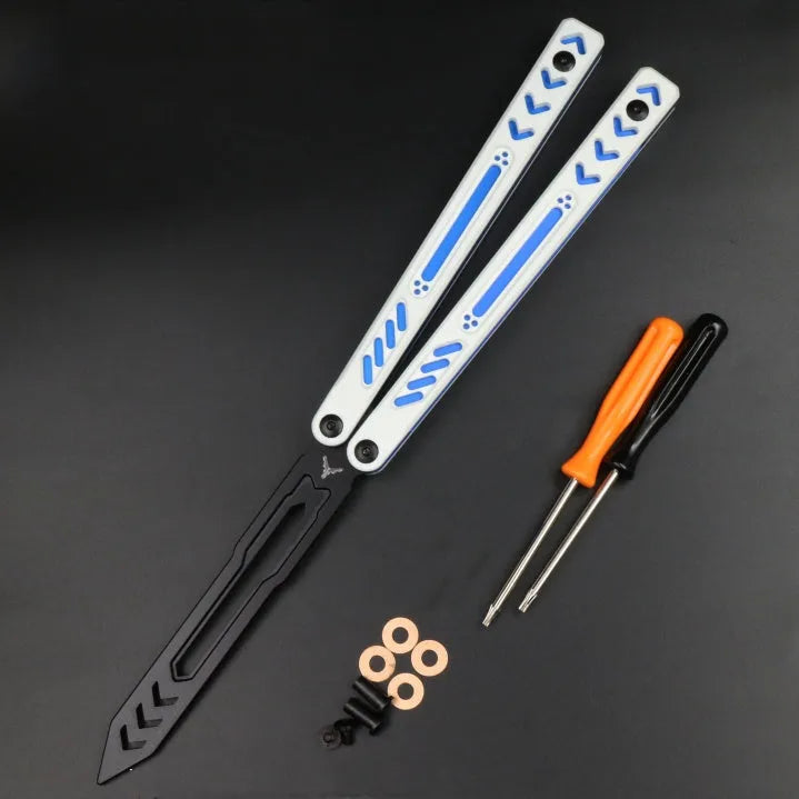 Unbladed aluminium handle butterfly knife trainer with G10 grip patches, shown in expanded 25.5cm position.