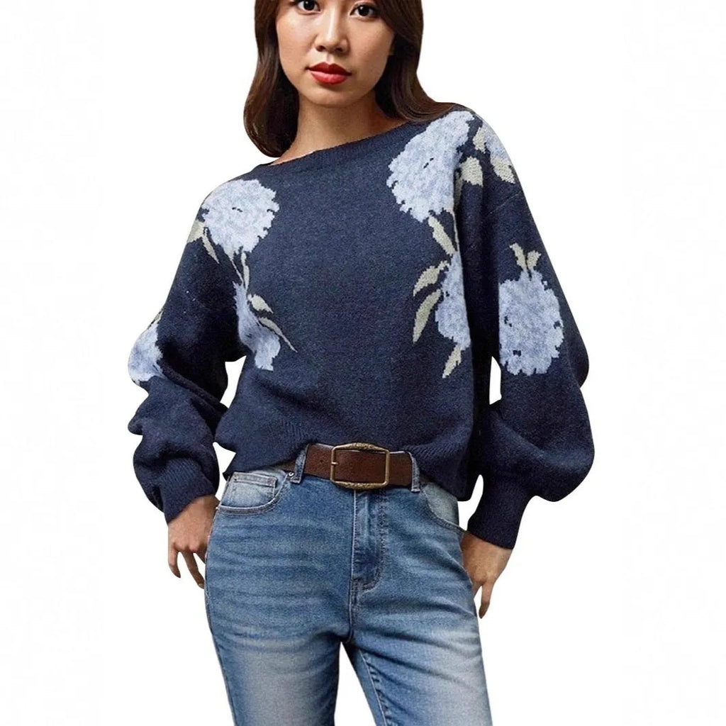 Sapphire blue women's pullover with floral jacquard pattern, loose fit, and off-neck design
