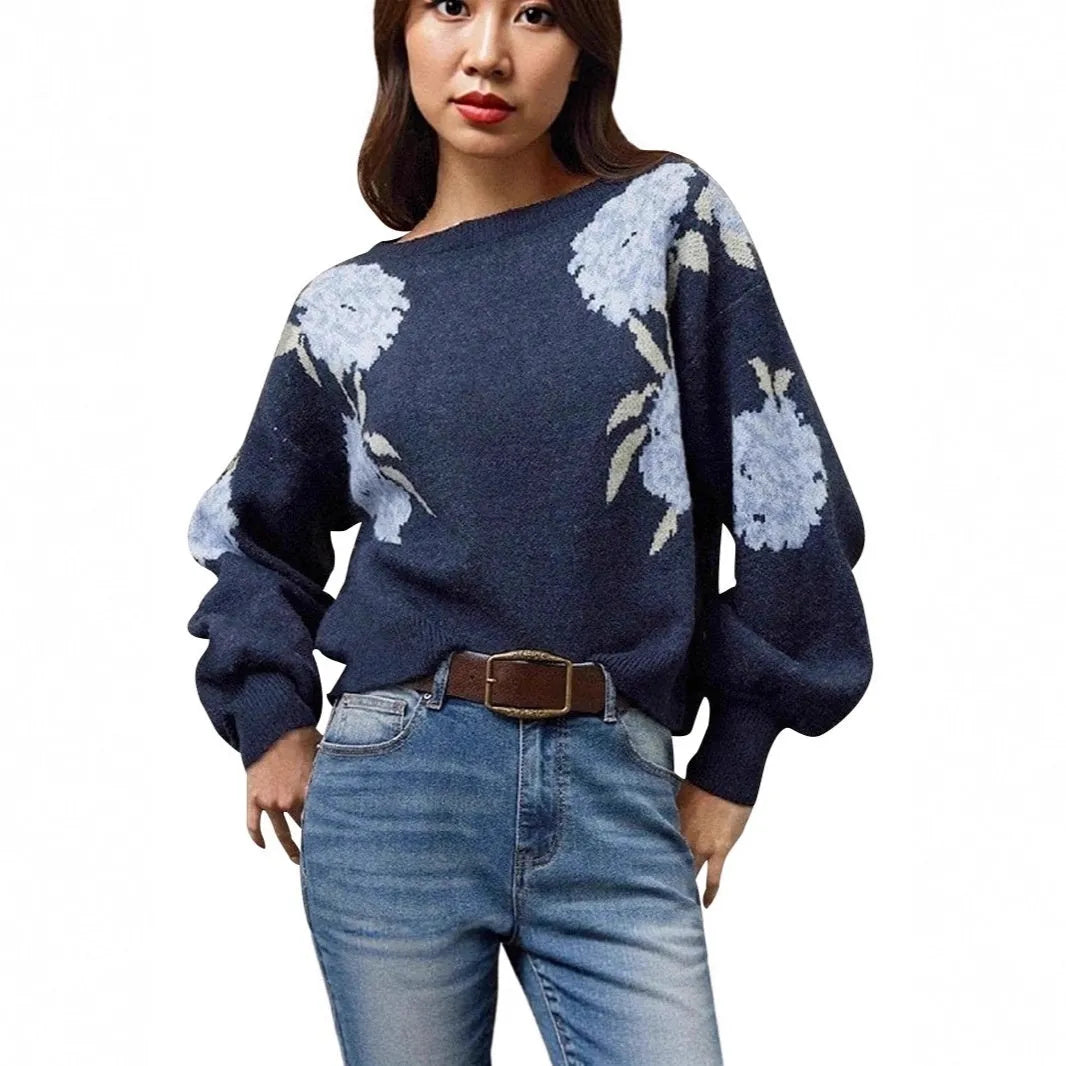 Sapphire blue women's pullover with floral jacquard pattern, loose fit, and off-neck design
