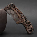 Wooden double-sided carved comb with handle, 180mm, ebony finish, classical Chinese design