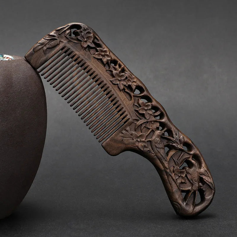Wooden double-sided carved comb with handle, 180mm, ebony finish, classical Chinese design