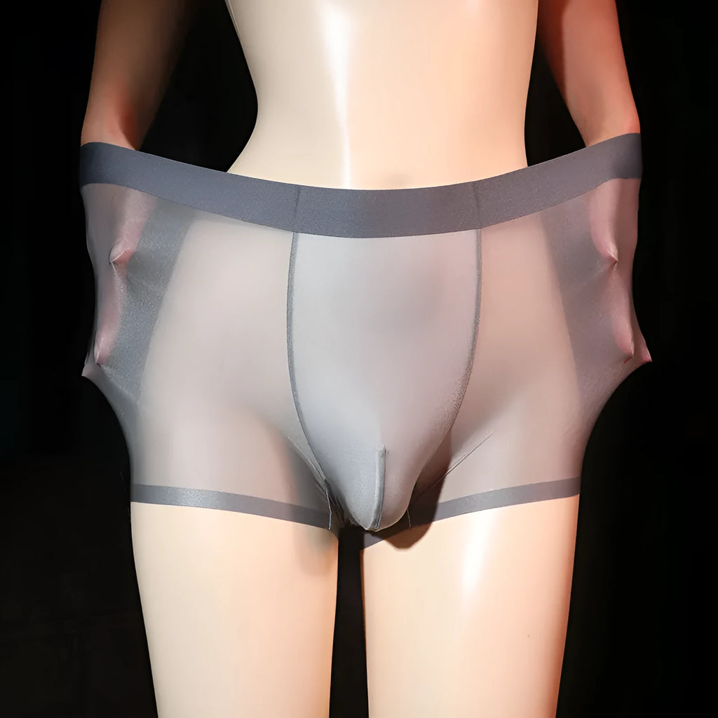 Men's light grey ice silk boxer underwear laid flat, showing ultra-thin nylon fabric.