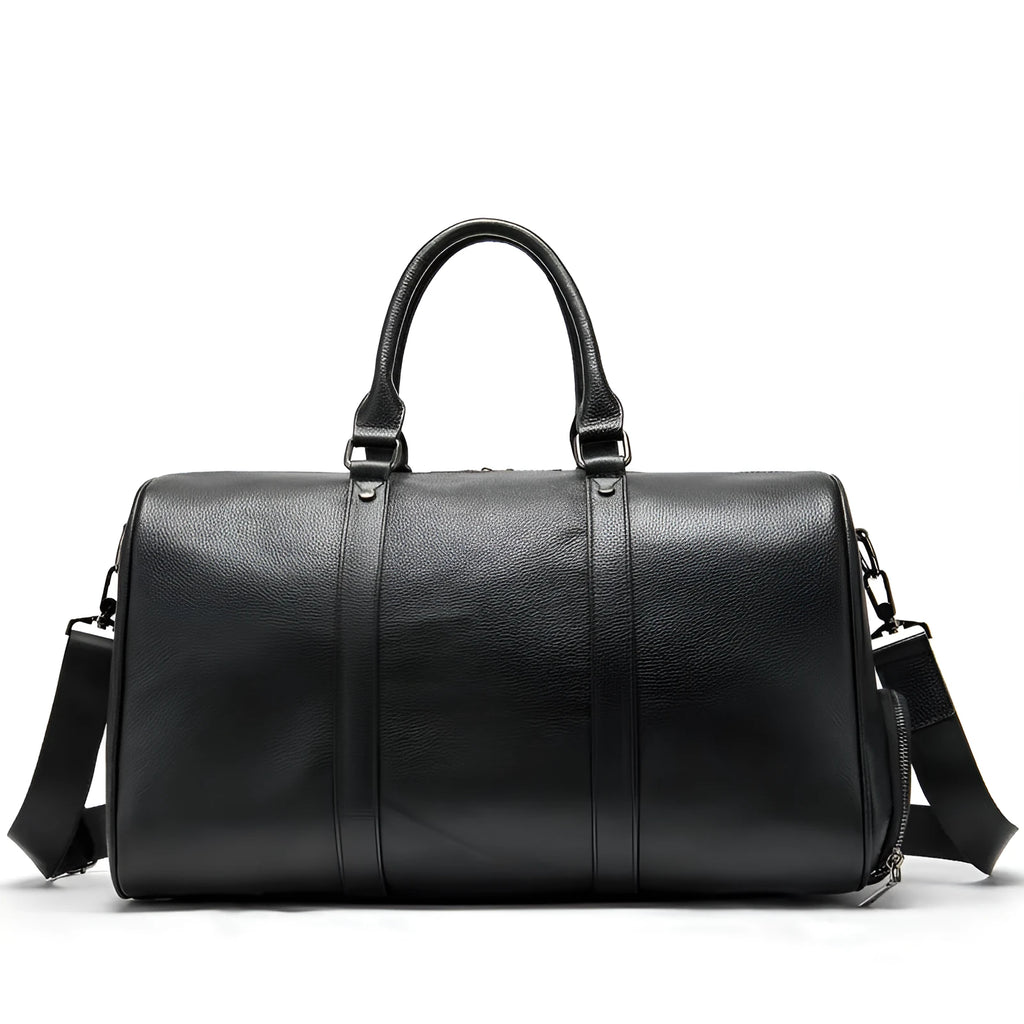 Men's black leather excursion bag with single shoulder strap showing large capacity design