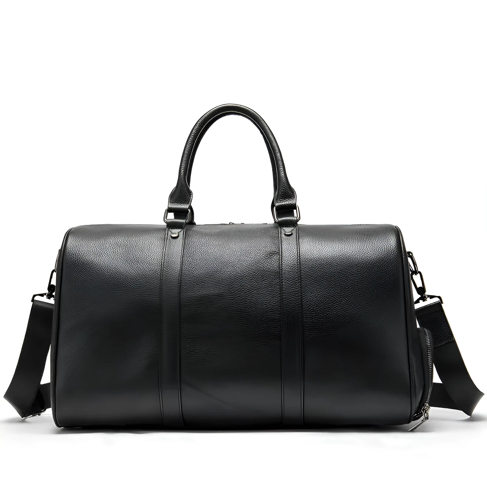 Men's black leather excursion bag with single shoulder strap showing large capacity design