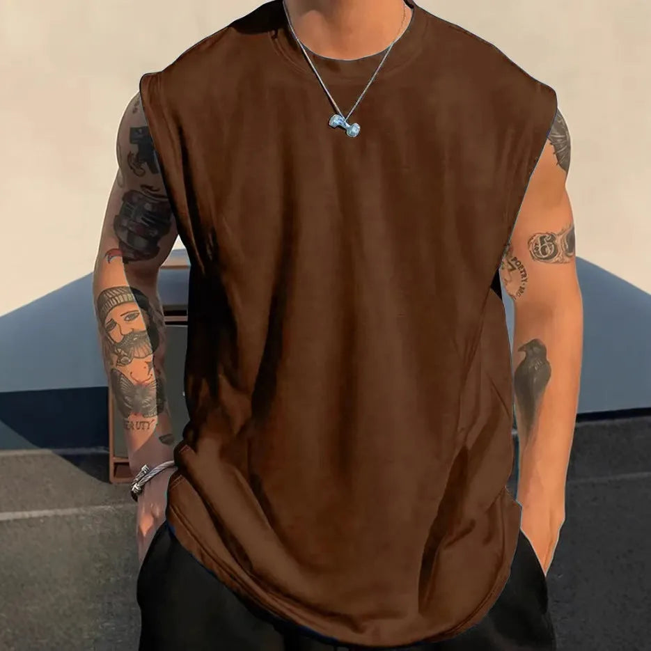 Men's loose fit solid colour cotton tank top on a hanger