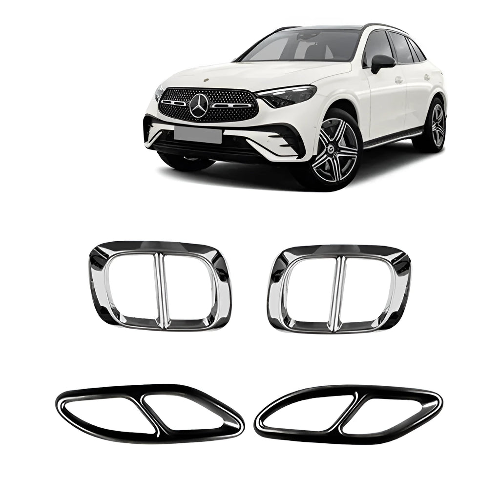 Aluminium alloy tailpipe cover for Mercedes-Benz A Class in silver finish with metallic sheen on exhaust pipe