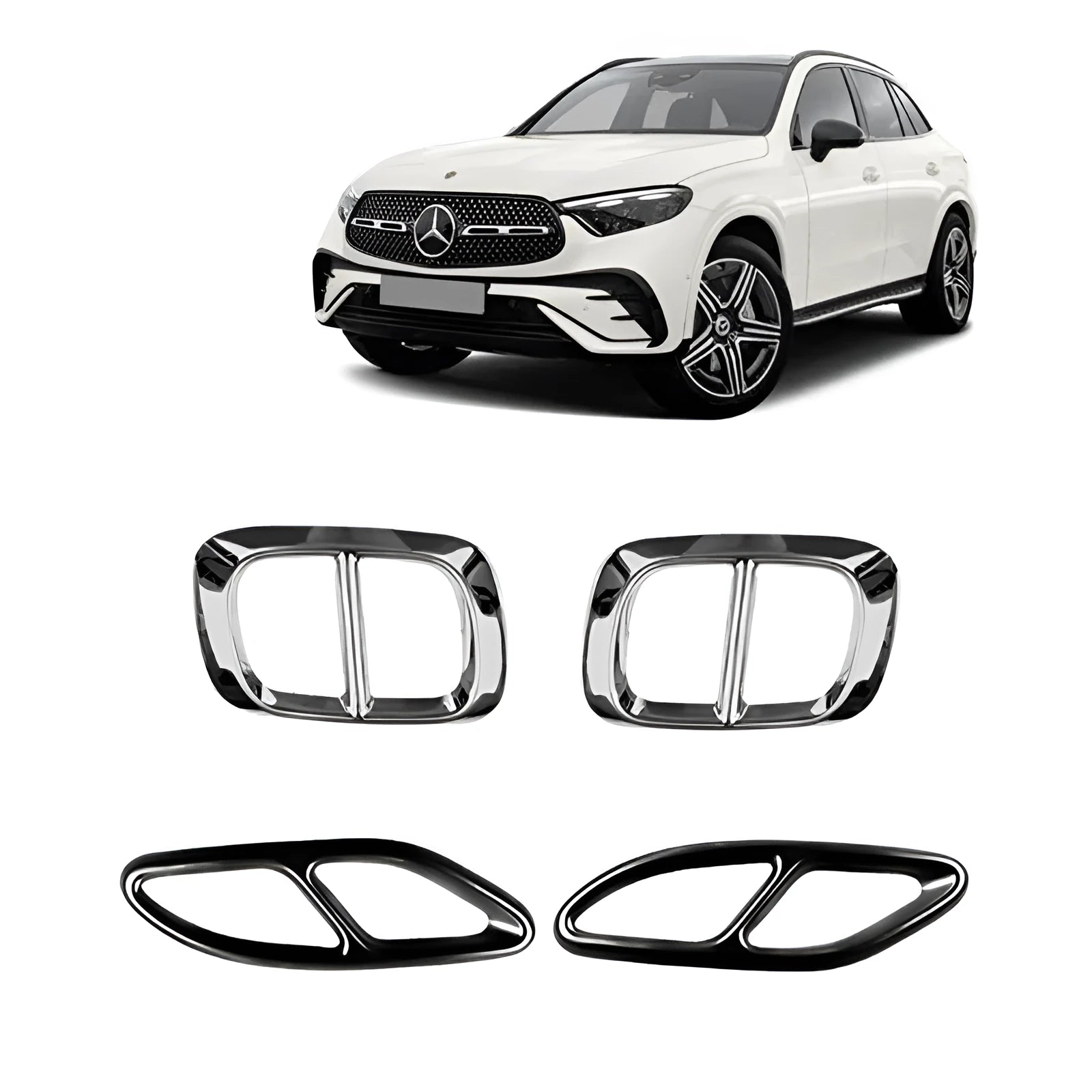 Aluminium alloy tailpipe cover for Mercedes-Benz A Class in silver finish with metallic sheen on exhaust pipe