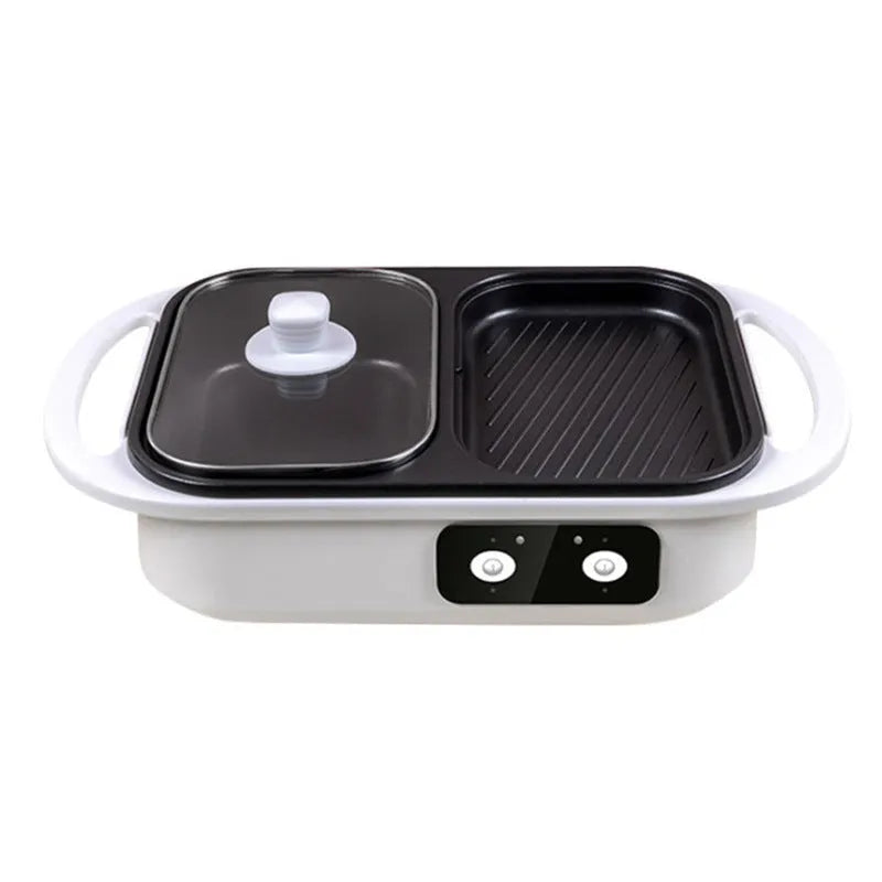 White electric casserole appliance with dual hot pot and frying oven functions on kitchen counter