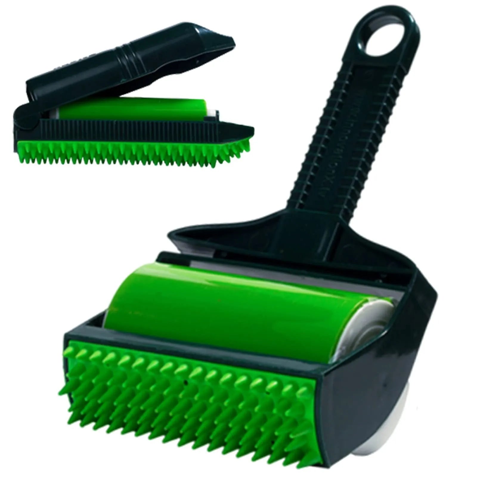 Yellow and green portable washable hair remover with adhesive roller for pet hair and lint.