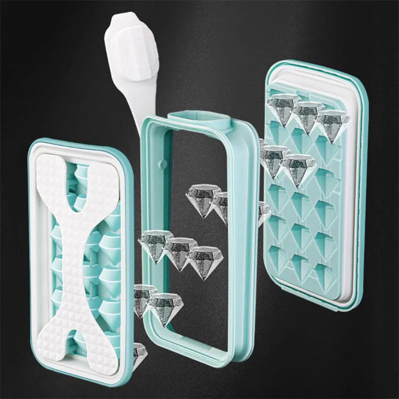 Portable silicone ice ball mould and water bottle in light grey, sky blue, or white, showing 2-in-1 design.