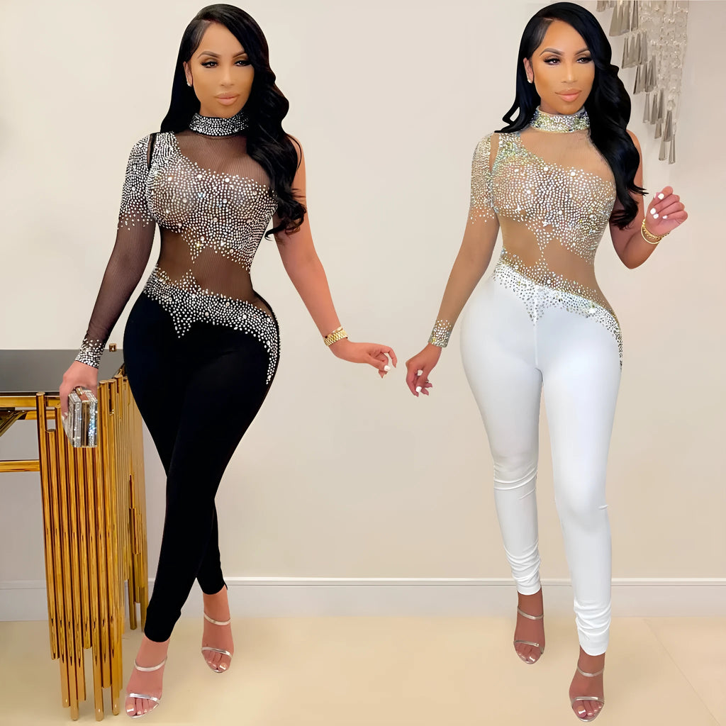 Transparent mesh rhinestone one-shoulder jumpsuit for women in black with tight trousers