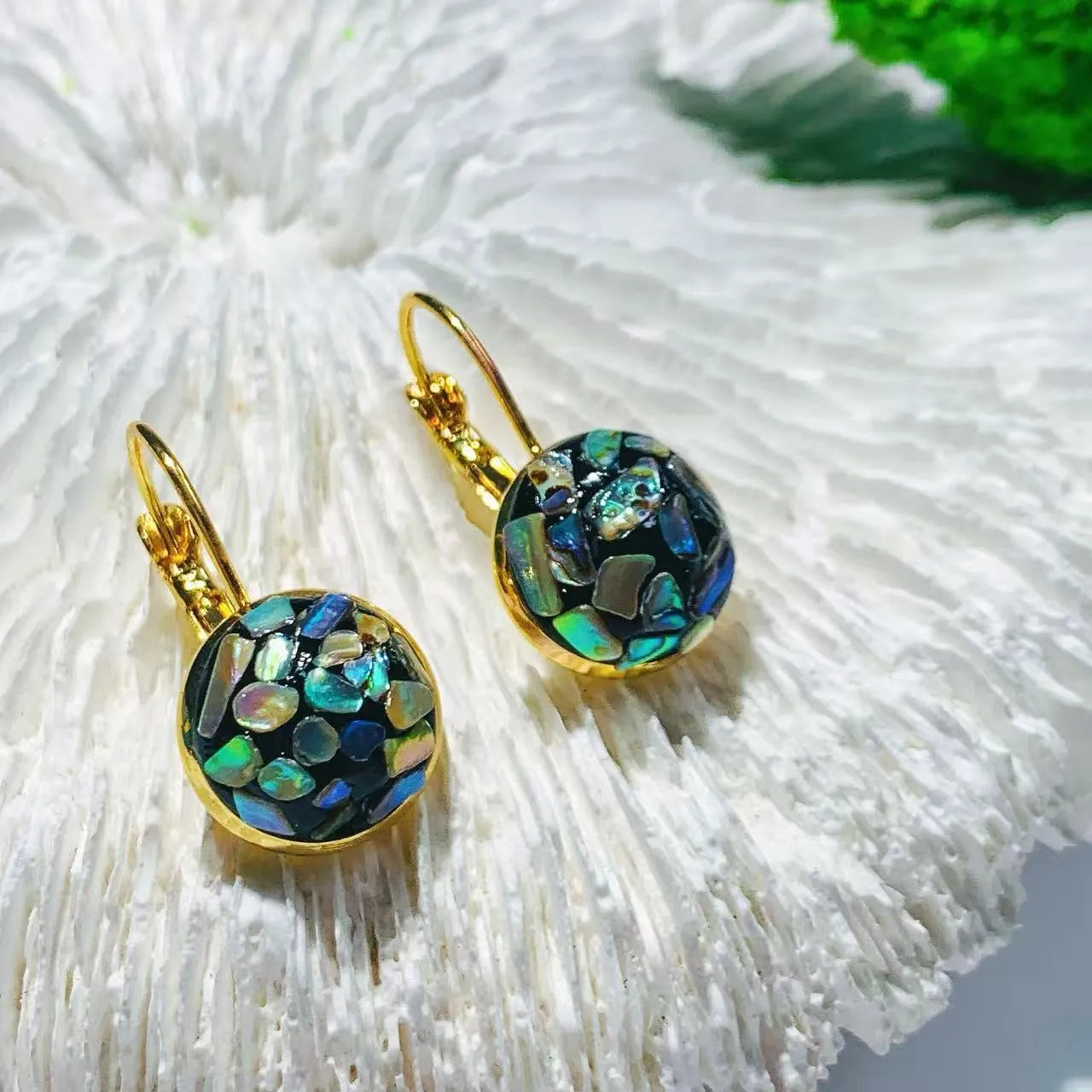 Handmade mother-of-pearl earrings with Chinese character Fu, Chanel style, clip-on design for women