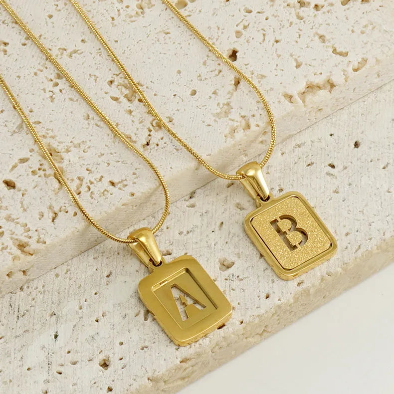 Alphabet necklace 26 letters hollow square pendant 18K gold tone titanium steel small snake chain