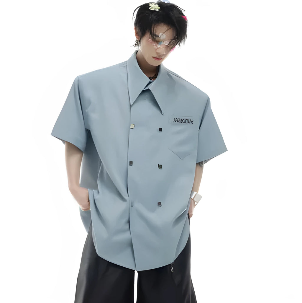 Men's loose-fit casual short-sleeved shirt with lapel collar and decorative splicing details, shown in blue.
