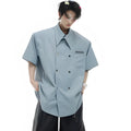 Men's loose-fit casual short-sleeved shirt with lapel collar and decorative splicing details, shown in blue.