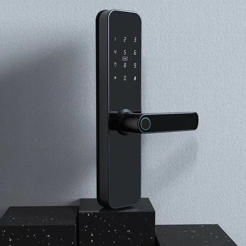 Alloy wooden door fingerprint lock in black with Graffiti WiFi connectivity for keyless entry