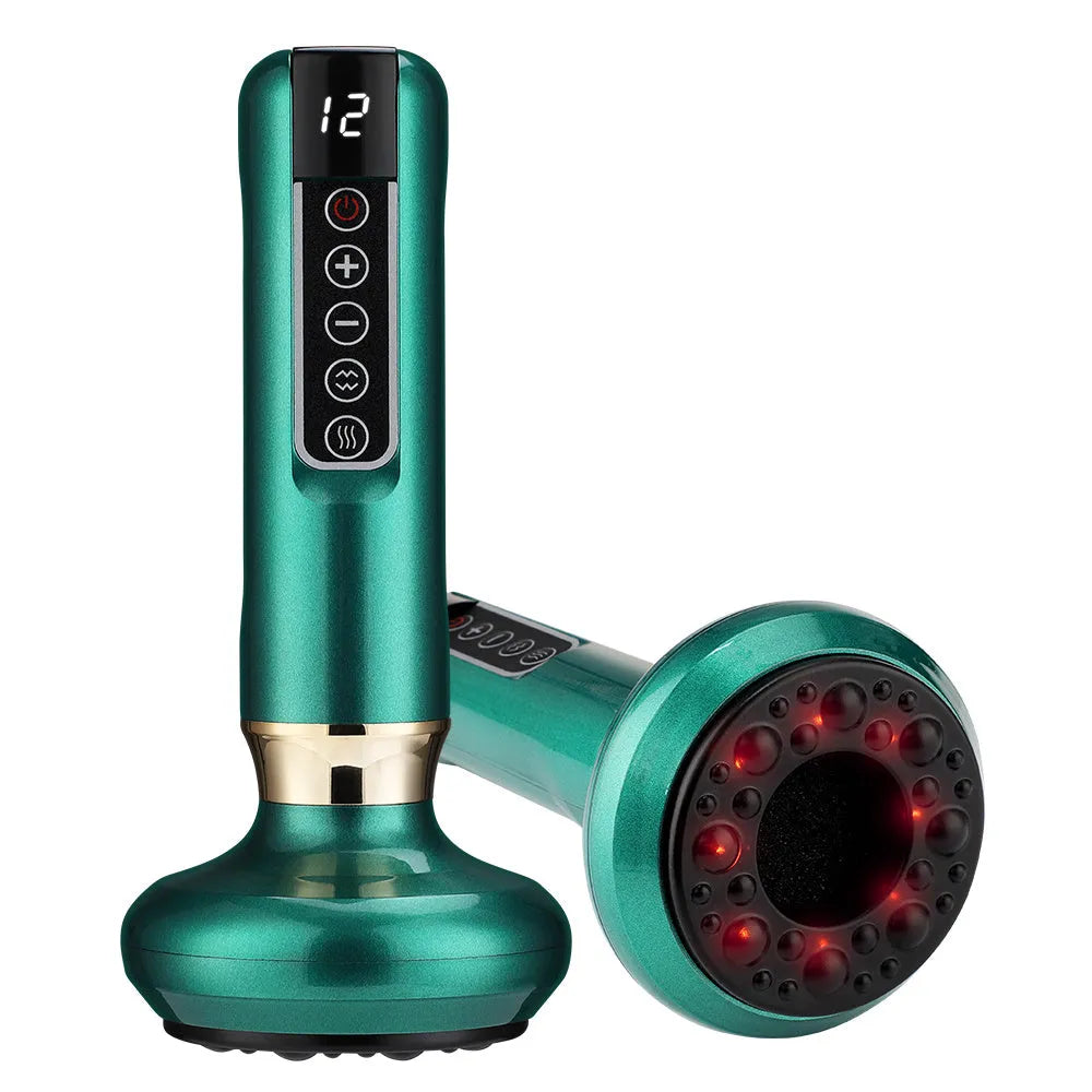 Green electric vacuum cupping massager with Gua Sha head on USB charging cable