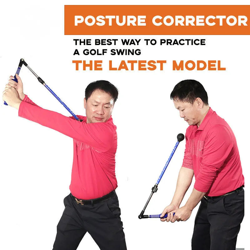 Blue golf swing training aid stick with ergonomic grip and shoulder cushion on green grass