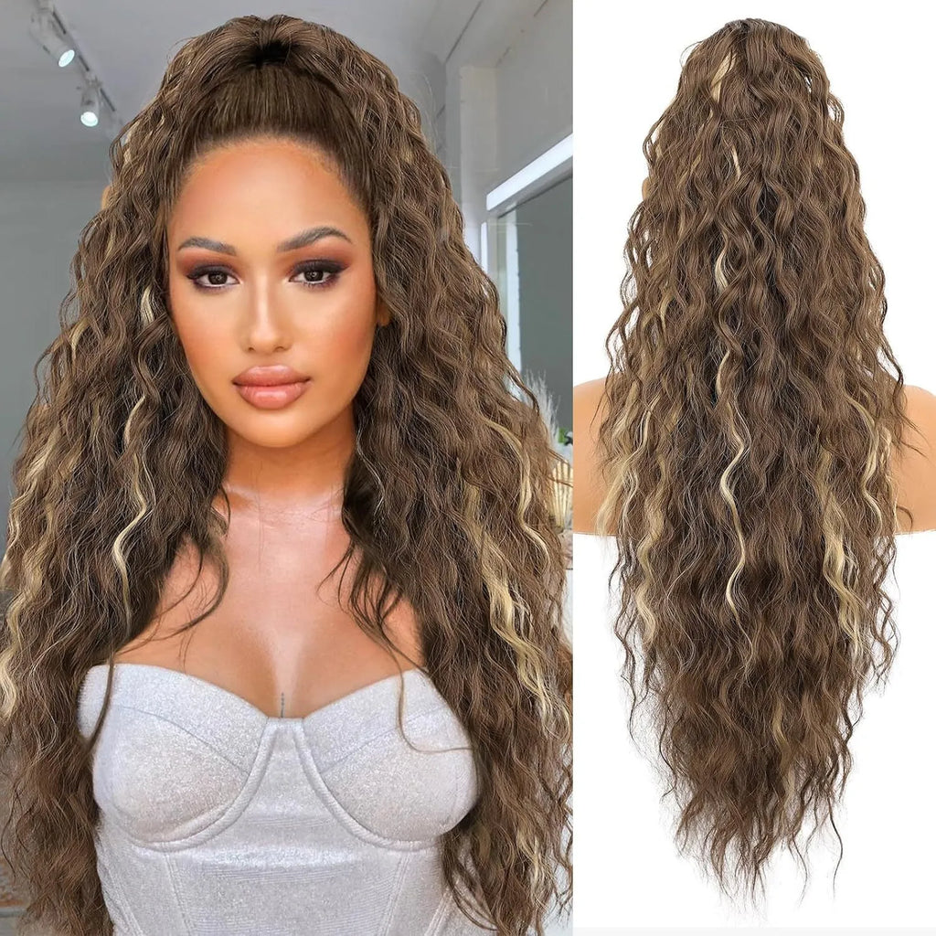 Long, fluffy curly synthetic ponytail wig in a high temperature fibre, shown in a 30-inch length.
