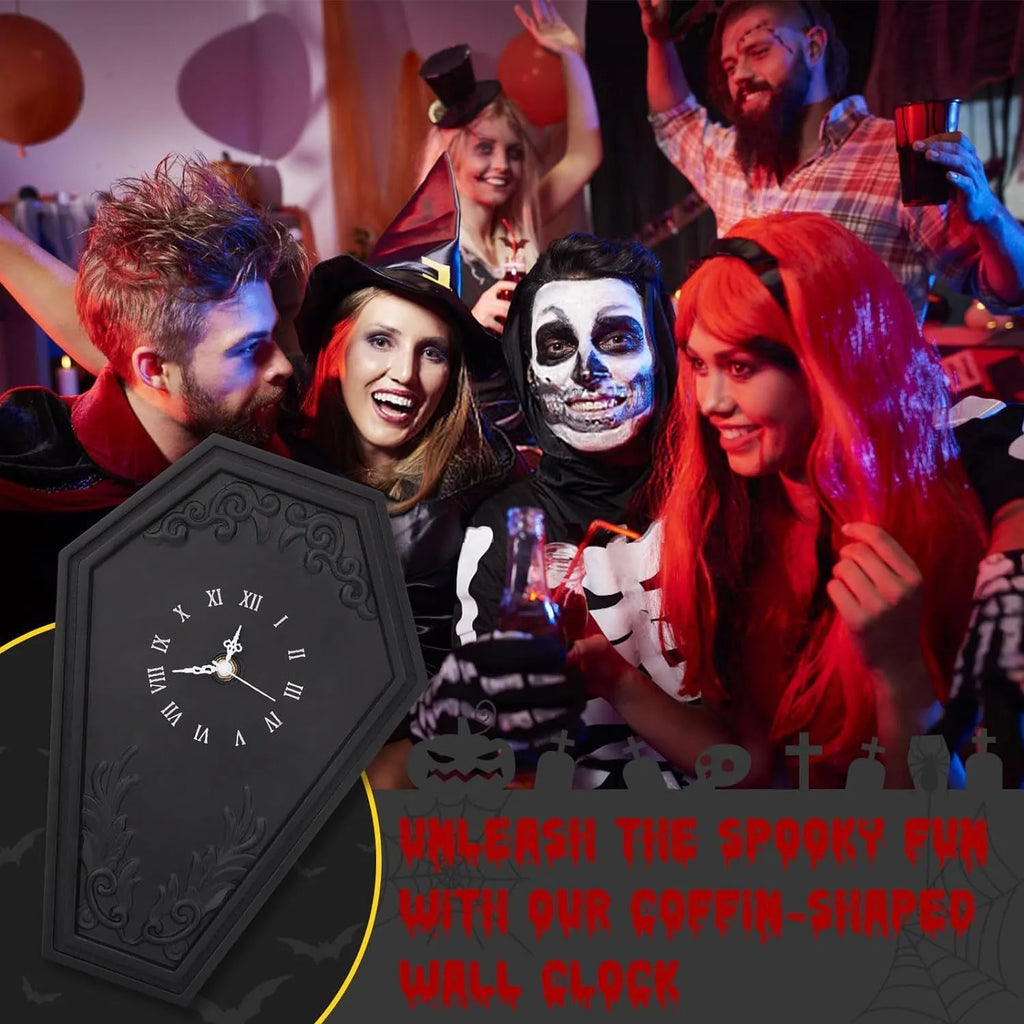 Gothic coffin wall clock, wooden shell and dial, 23x32cm, battery quartz movement, classical dark style