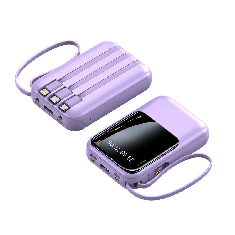 Small super fast charge power bank with cable in black plastic shell, compact design