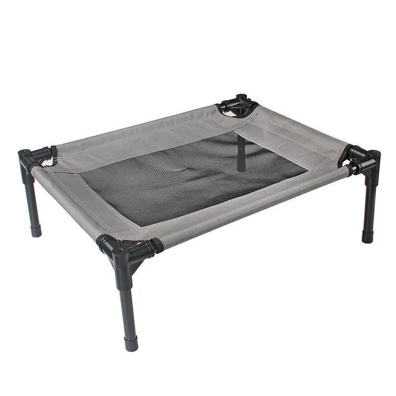 Black outdoor dog bed with steel frame and Oxford cloth cover measuring 55cm by 43cm