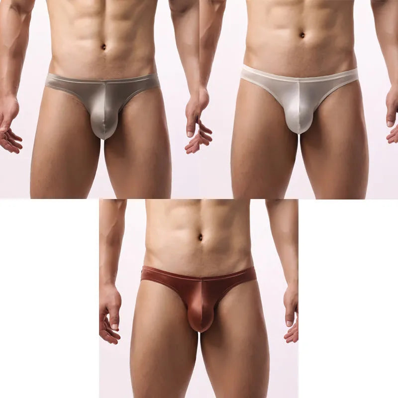 Men's ice silk underwear with satin triangle panel, solid colour, mid waist, knit nylon fabric
