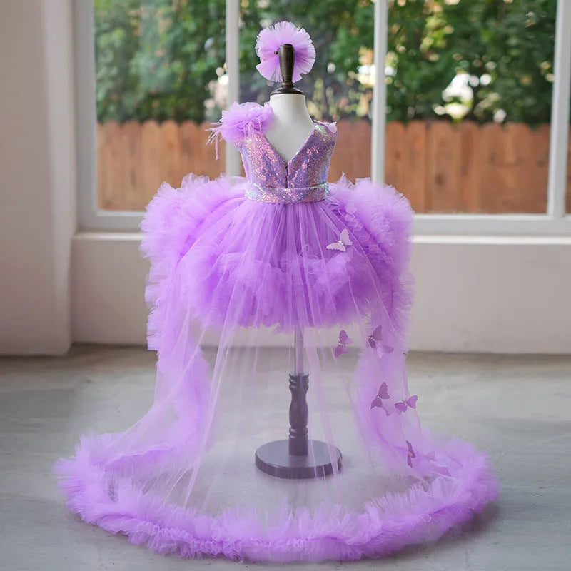 Spring colorful sequined girl's small host dress in taro purple with polyester lining