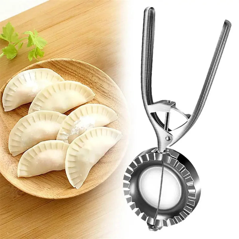 Silver stainless steel kitchen dumpling mould with handle for manual pressing