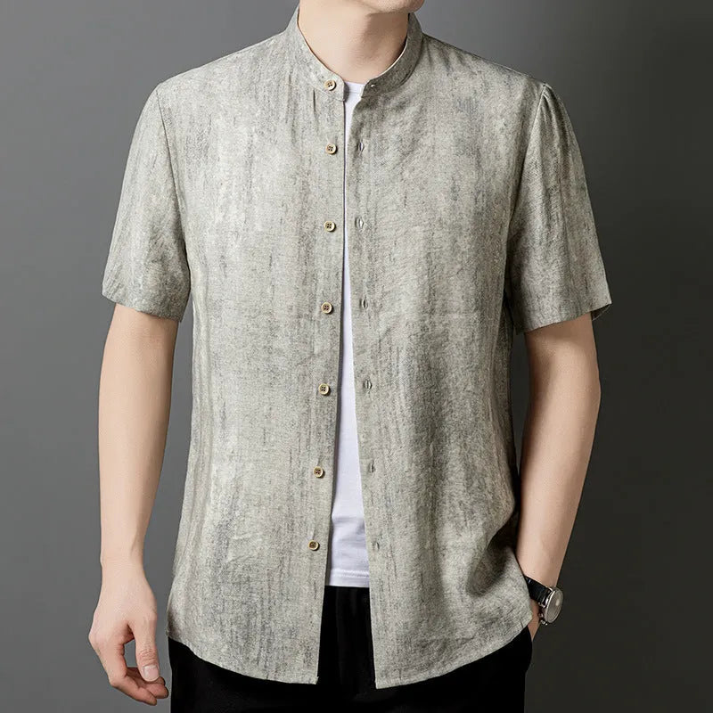 Men's loose fit linen blend stand collar cardigan in black grey