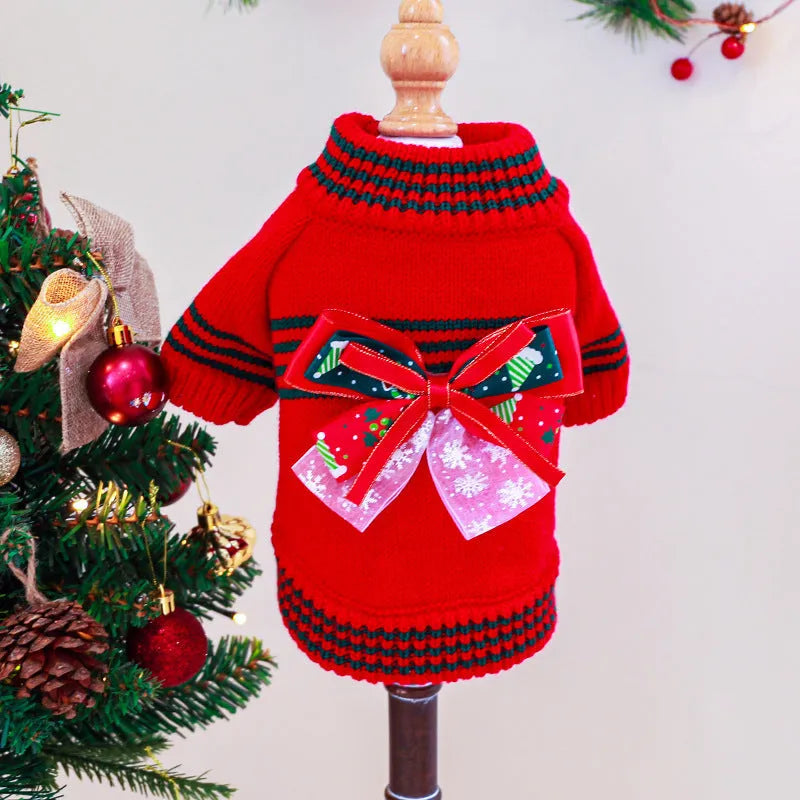 Red Christmas dog jumper on small dog showing festive holiday patterns and full coverage design