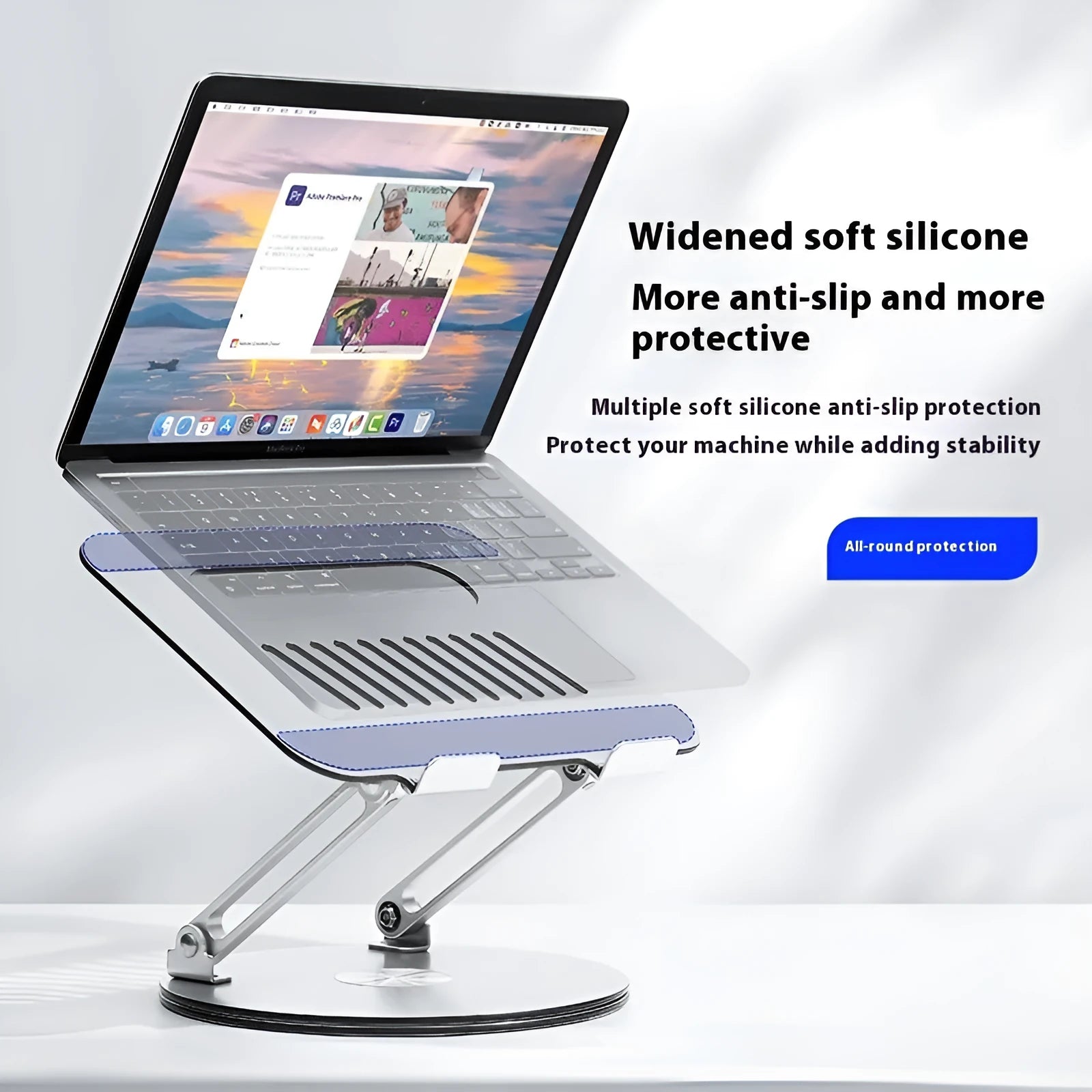Silver aluminium laptop stand with rotatable base in folded position