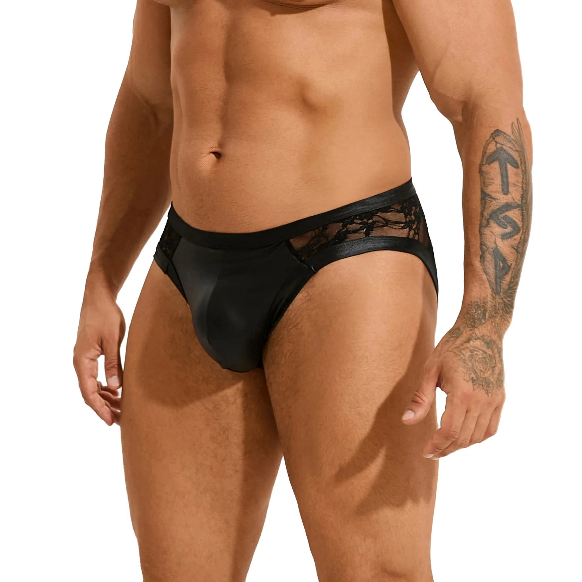 Men's black faux leather briefs with decorative stitching and adjustable side lace-up detailing