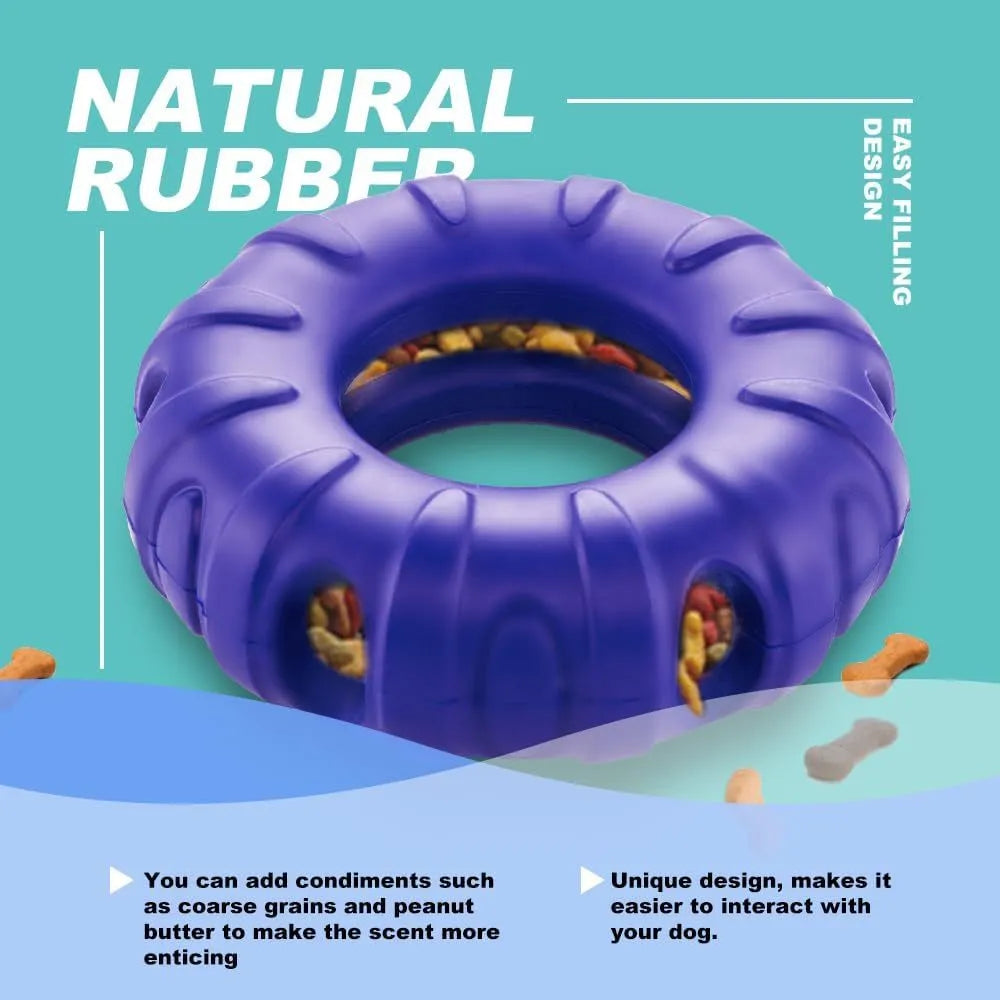 Blue rubber tyre dog chew toy with oval openings for food dispensing