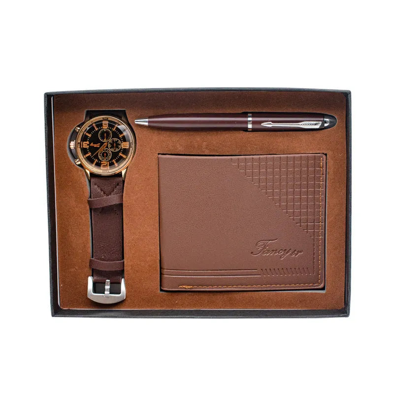 Creative holiday gift set containing a brown wallet, pen, and watch inside an open gift box.