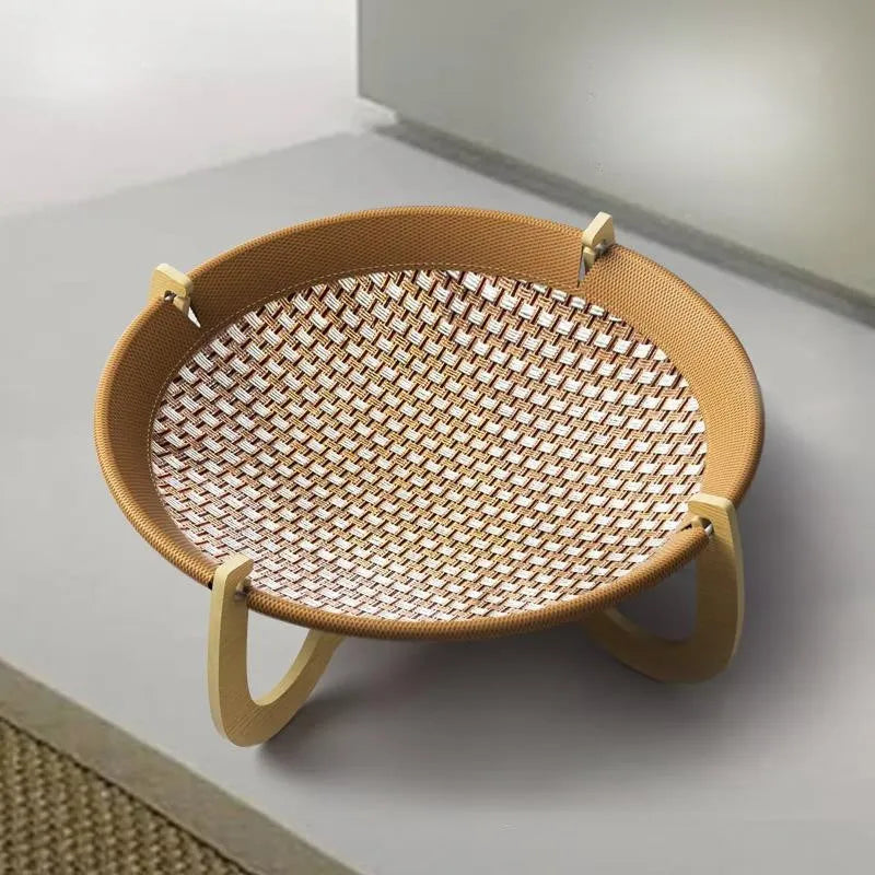 Brown woven rattan pet bed measuring 46x46x17.5cm for cats and dogs