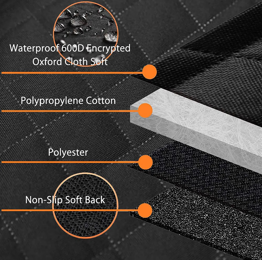 Black waterproof pet mat for car rear seats with orange trim, shown laid flat on a seat