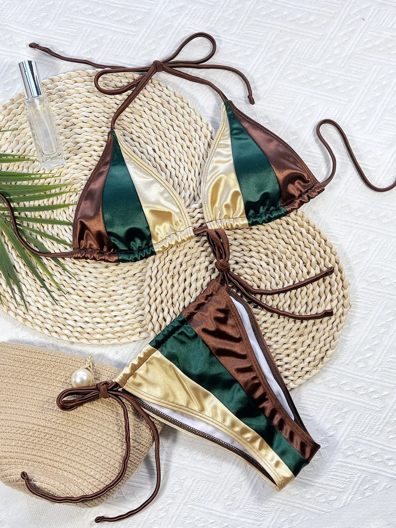 Women's separated bikini multicolour with solid colour stitching, nylon fabric, sizes S M L, triangle top and brief bottoms