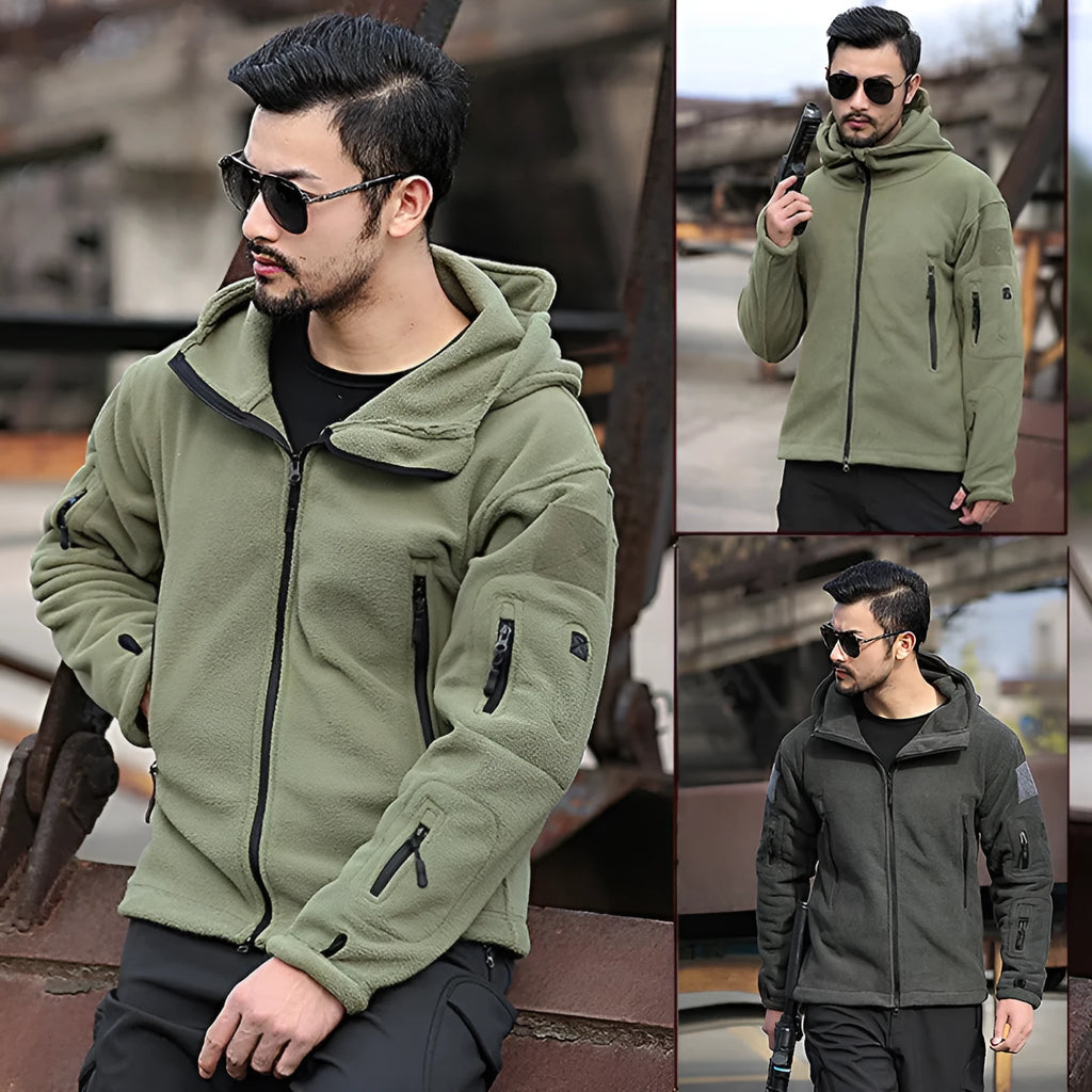 Men's cotton fleece jacket with zipper pockets, round hem, available in khaki, gray, black, army green, navy blue