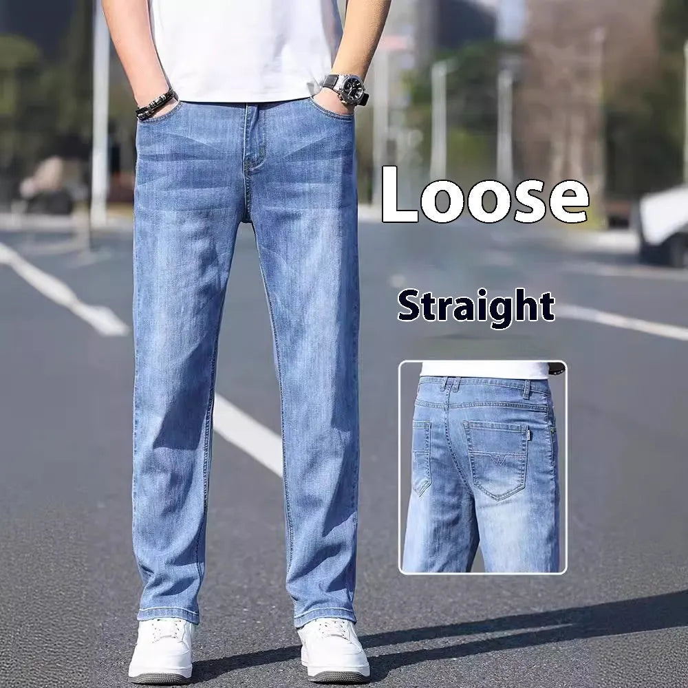 Thin stretch business casual tapered trousers in cotton denim fabric