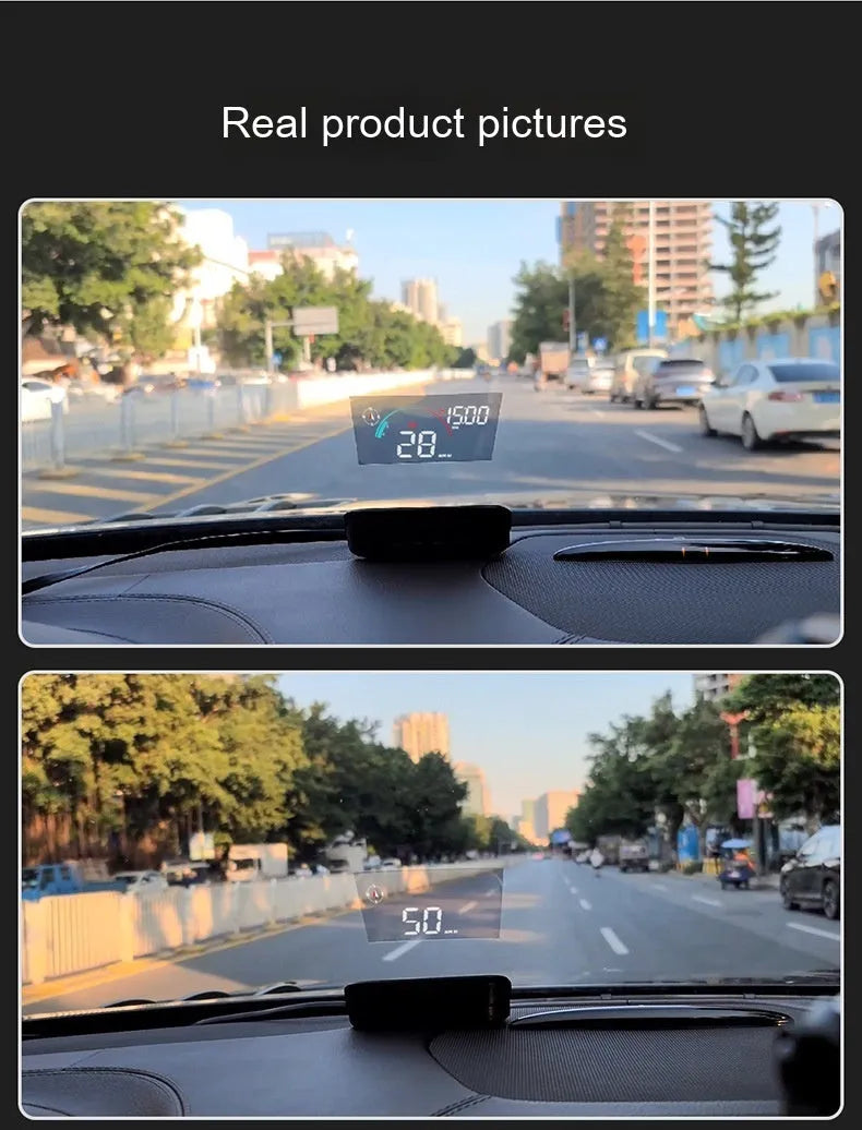 Black head-up display car GPS projector unit for dashboard installation showing speed and compass projection