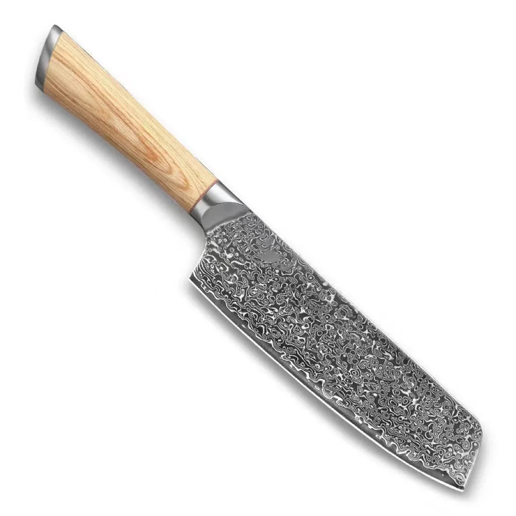 Damascus pattern kitchen knife set with V gold steel core showing 67-layer folded construction