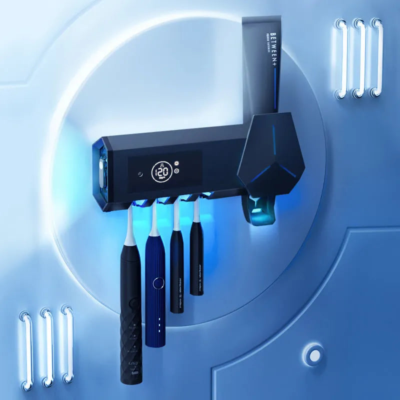 White smart toothbrush sterilizer with ultraviolet light, suction wall mount, 210mm length, black interior, on bathroom wall