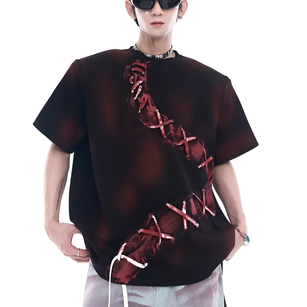 Men's red loose fit pure cotton T-shirt with drop-shoulder sleeves, American retro style, sizes S to XL