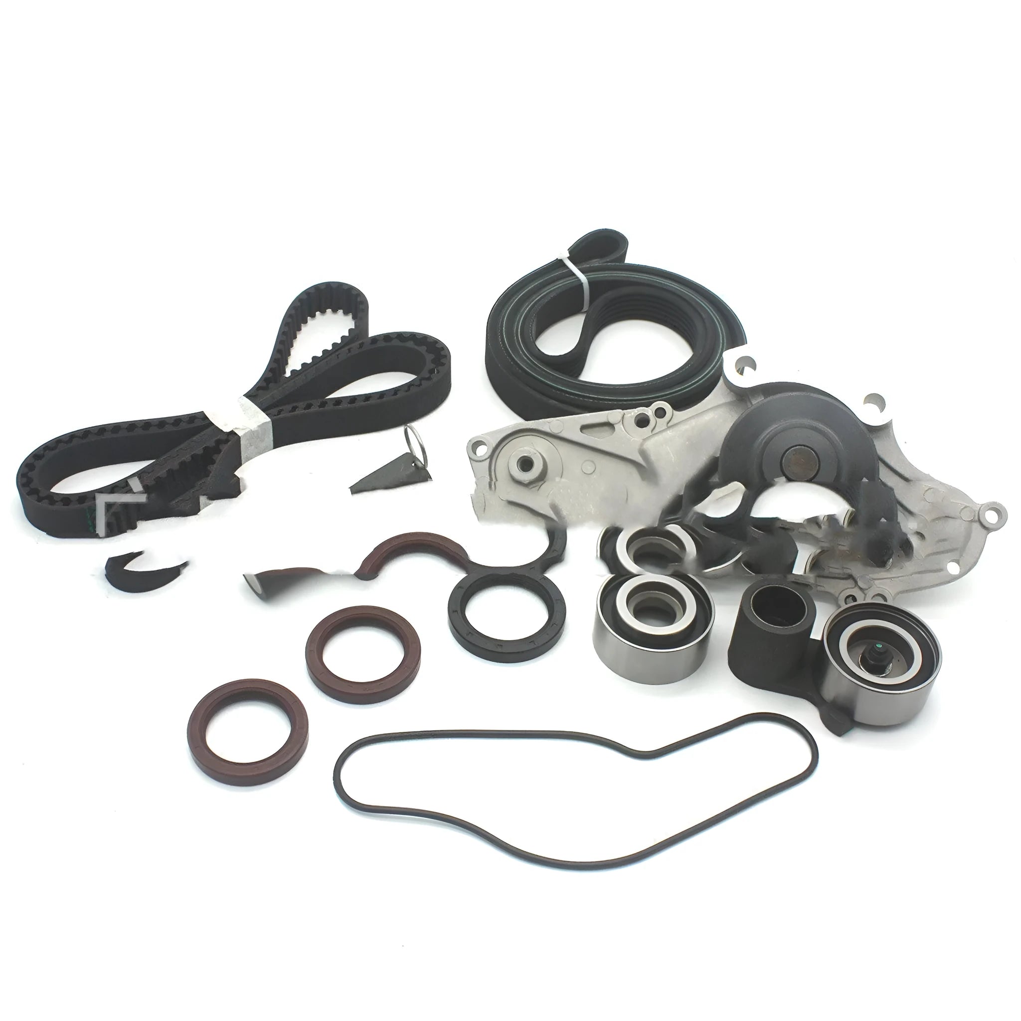 Metal belt and water pump assembly component kit measuring 28 by 18 by 16 centimetres.