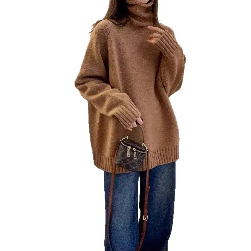 Women's loose turtleneck sweater with thick curling pile collar in red colour