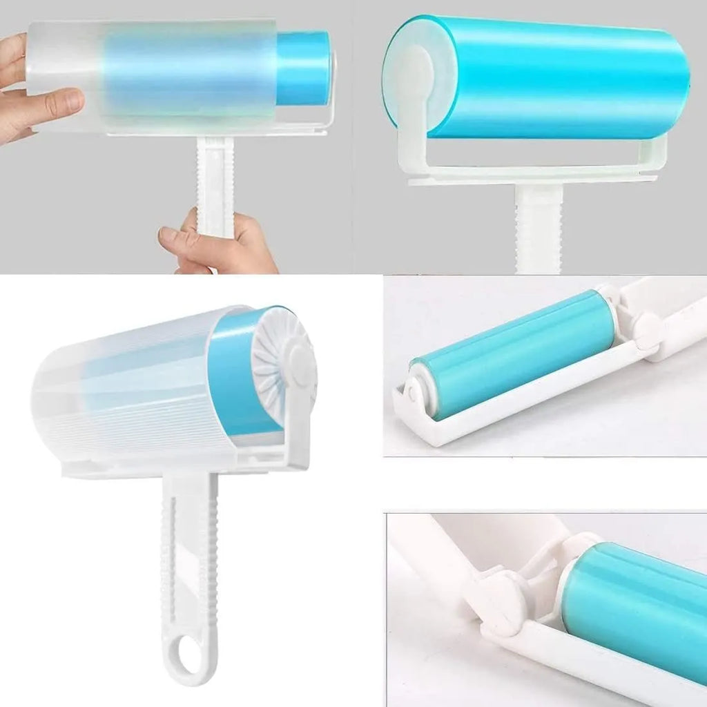 Washable reusable lint roller for pet hair removal in blue, green, pink, or yellow with cover